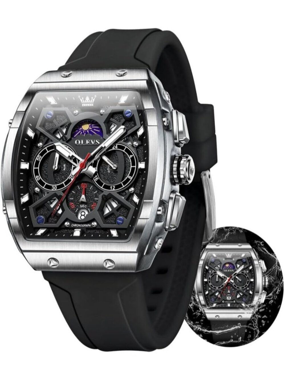 Men's Black Silver Chronograph Waterproof Rectangle Moon Phase Luminous Watch